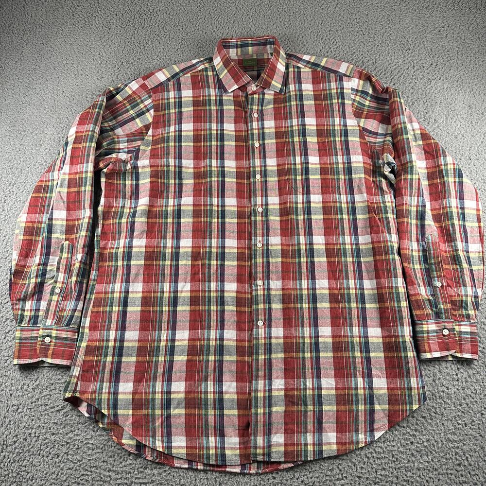 Sid Mashburn Shirt Mens XL Red Plaid Cotton Ramie Long Sleeve Button Up Casual